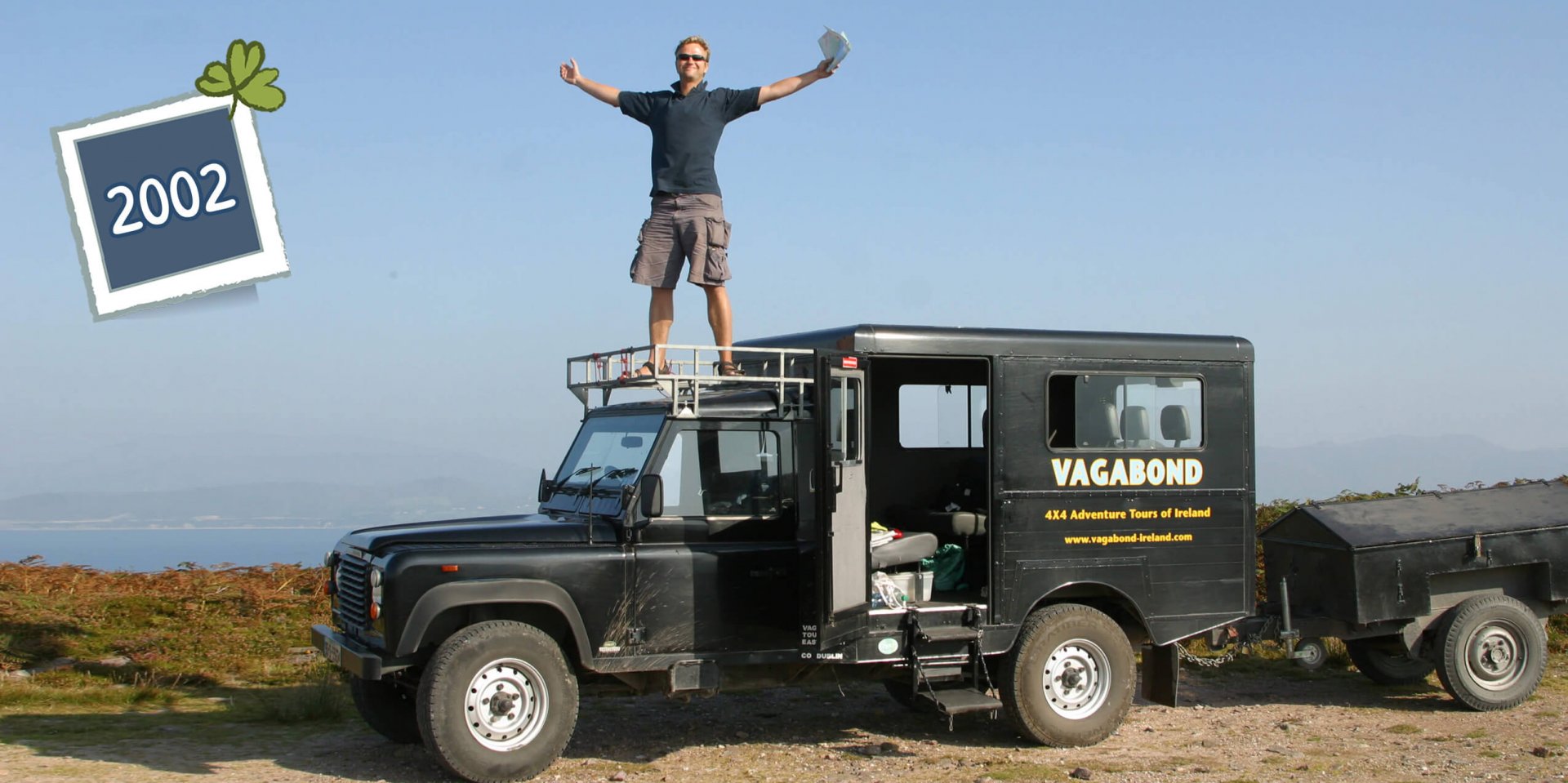 Rob on an original Land Rover Defender VagaTron tour vehicle in Ireland in 2002