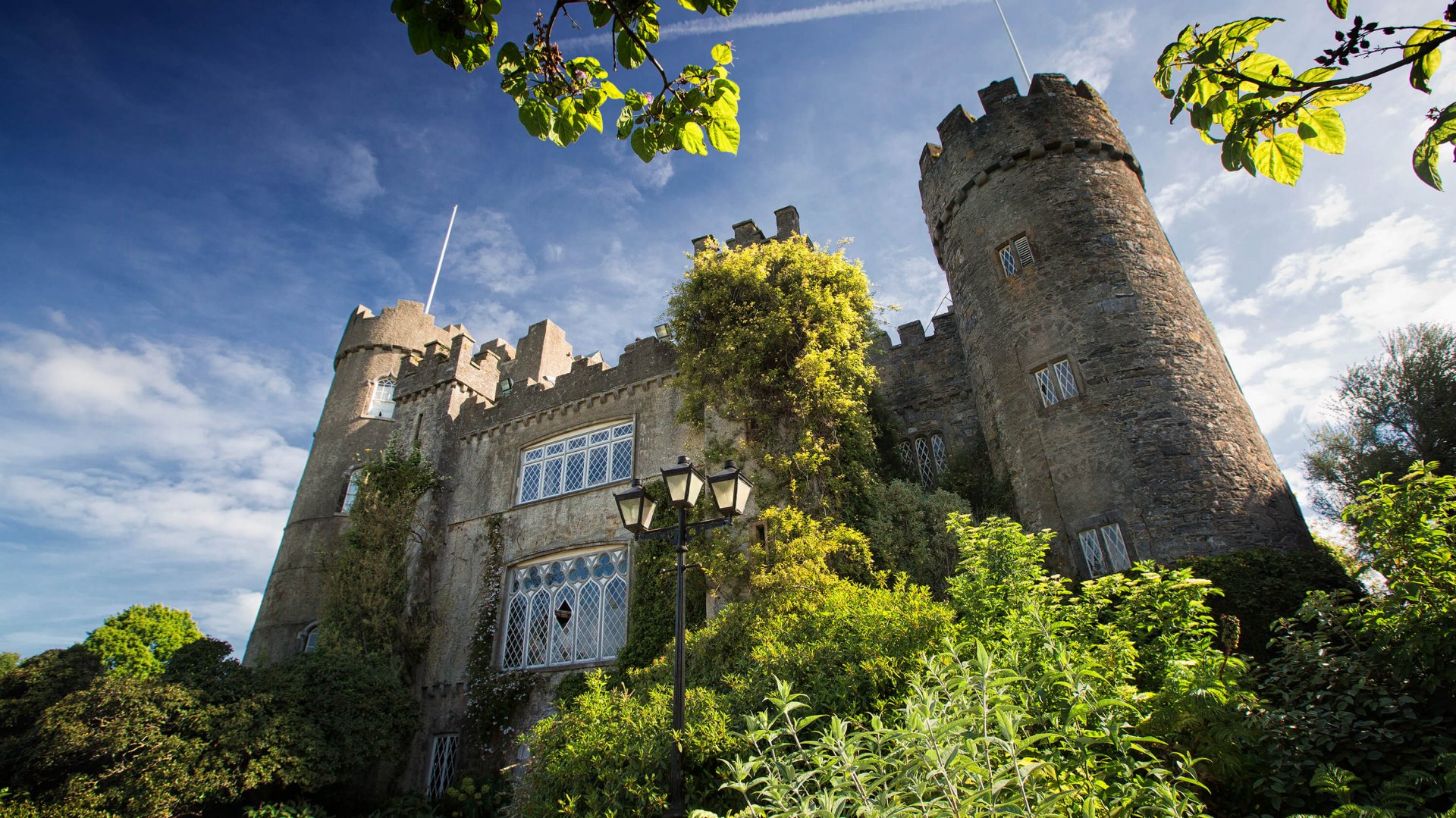 An exterior view of Malahide Castle in the sunshine 