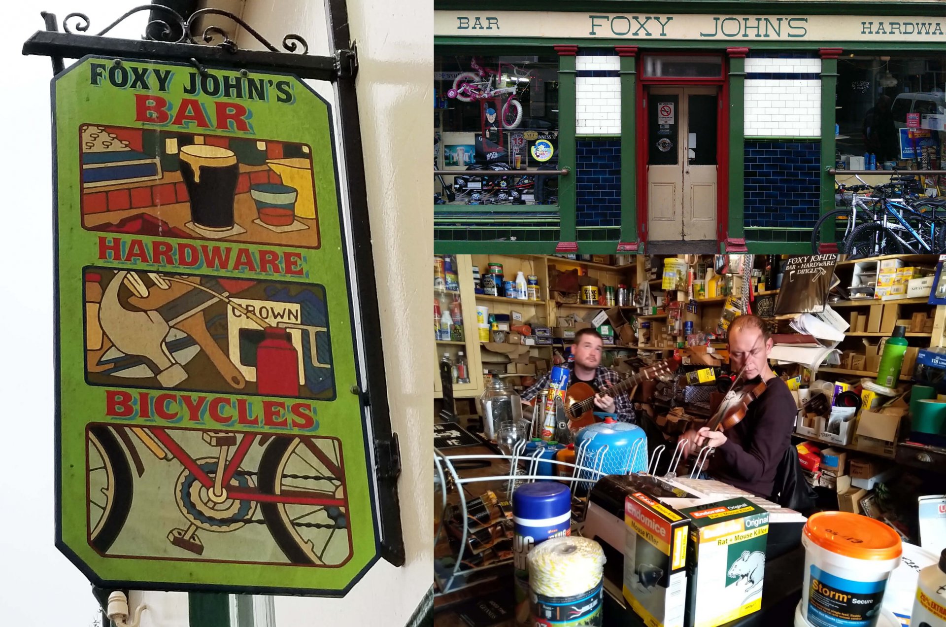 Collage of scenes from Foxy John's pub in Dingle, Ireland