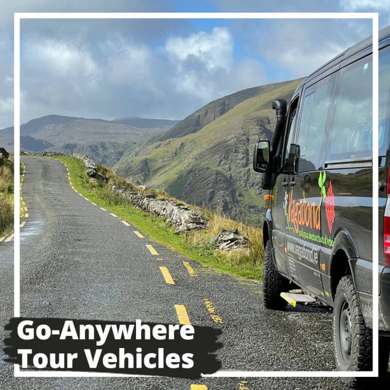 Tour vehicle on a scenic road in Ireland in spring
