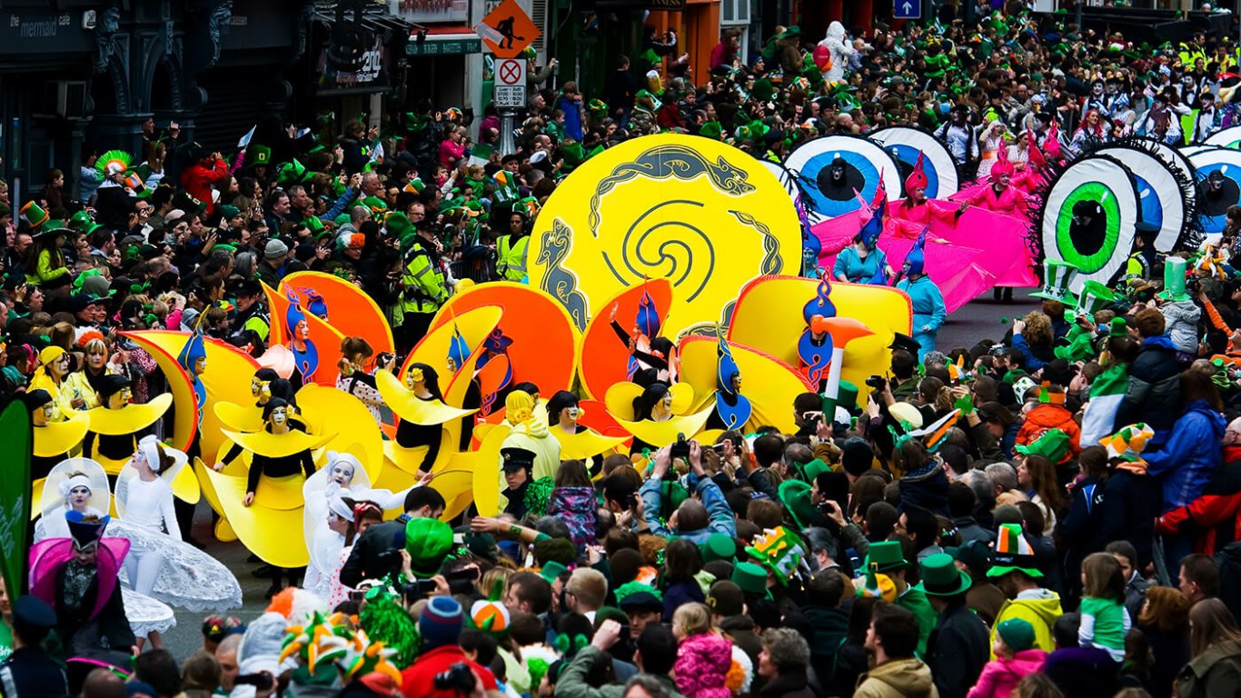 An aerial shot of the St. Patrick's Day Parade in Dublin