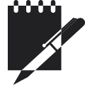 A black icon of a note and pen