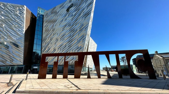 Explore the Titanic experience: A journey through history Exterior and sign at Titanic Centre in Belfast, Northern Ireland