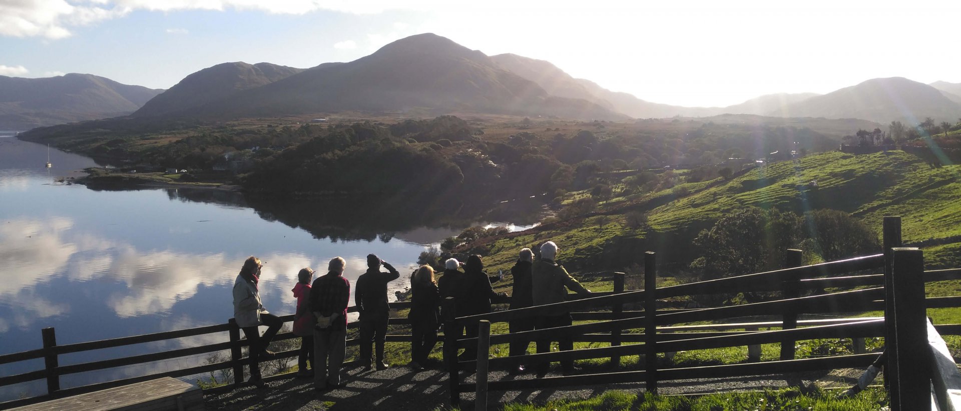 Driftwood Tour Group gazing out over scenic Killary Harbour/Fjord from Tom Nee's sheep farm in Ireland