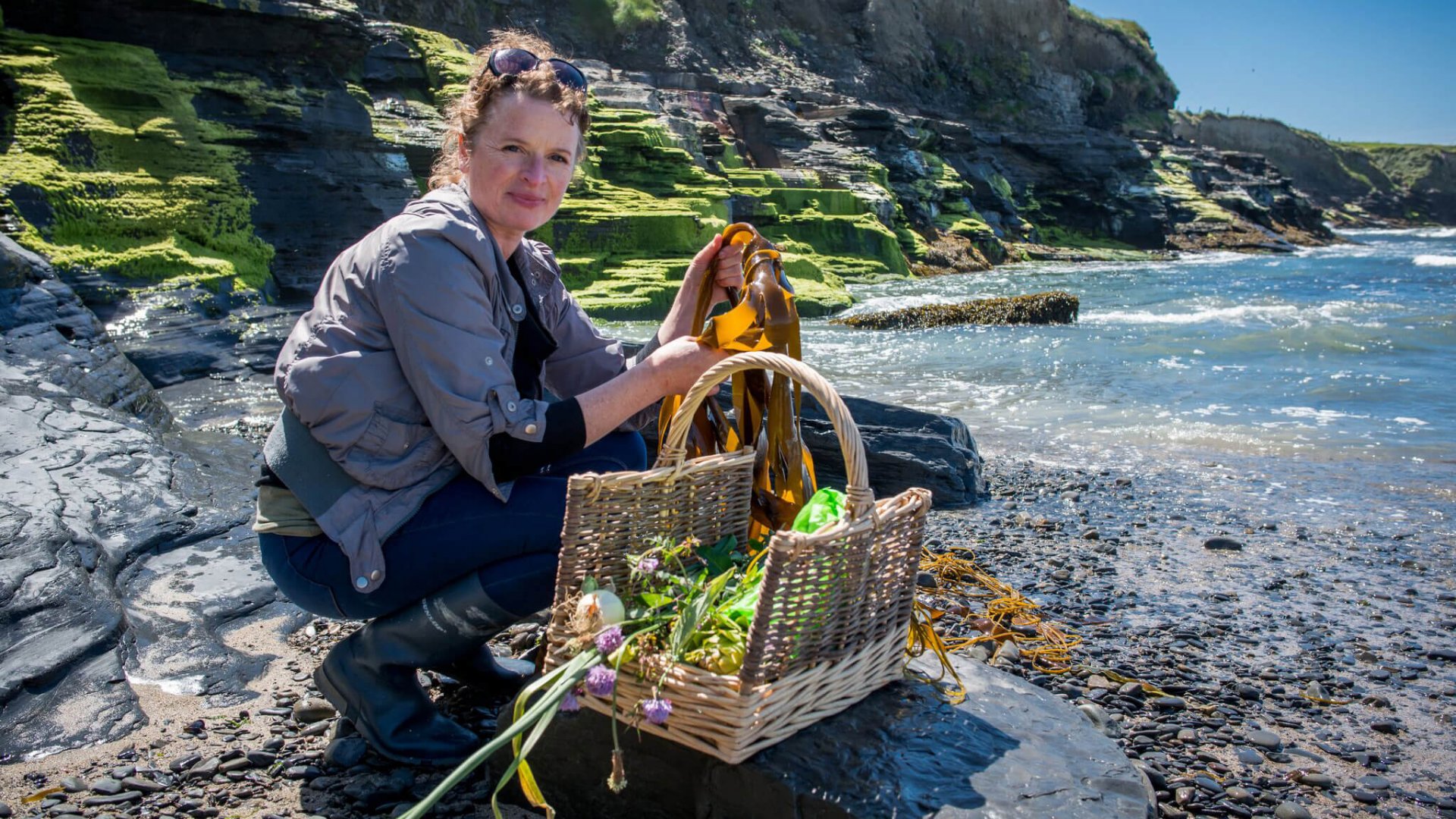 Forager at the seashore with basket of wild food from Ireland