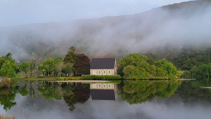 St. Finbarr's Oratory perfectly  reflected in Gougane Barra's peaceful lake St. Finbarr's Oratory & Island in Gougane Barra, West Cork