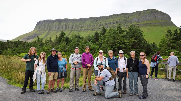 Our 12 Day adventurers at the foot of the iconic Benbulben peak One of our 12 Day Tour groups at the foot of the iconic Benbulben mountain