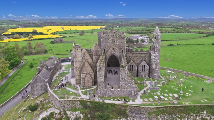 Tour the monastic site at the Rock of Cashel in Tipperary Aerial drone shot of the Rock of Cashel in Ireland