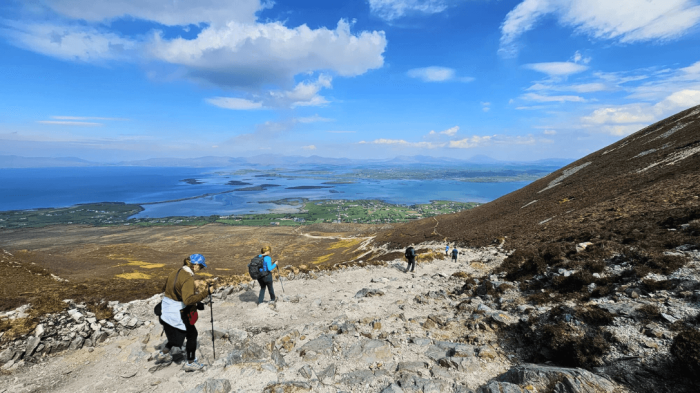 The views from Croagh Patrick have to be seen to be believed! A group hiking on croagh patrick overlooking clew bay