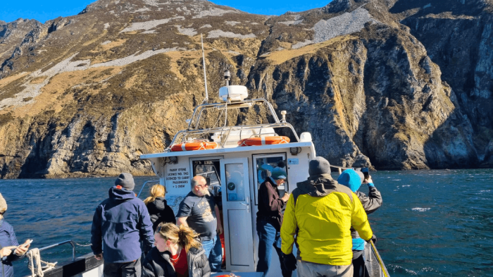 Take a boat trip in Donegal to the spectacular Slieve League Cliffs A group of guests on the slieve league boat trip