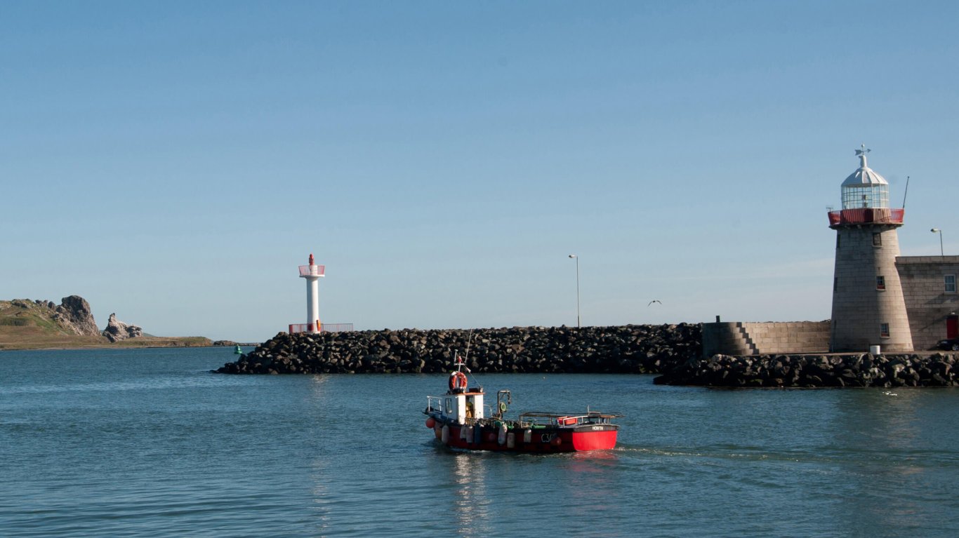 Howth harbour and lighthouse in the sunshine Howth harbour in the sunshine with a view of the pier and the lighthouse